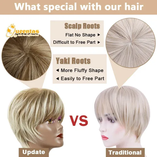 Vista 9 de QUEENTAS Pixie - Pelucas rubias cortas en capas para mujeres blancas y negras, cabello sintético (rubio mezclado con marrón)