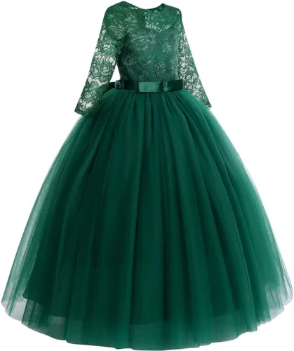 Vista 2 de Vestido largo de encaje para dama de honor con mangas 34, longitud hasta el suelo, boda, fiesta, noche, formal, pegeant maxi vestidos de tul