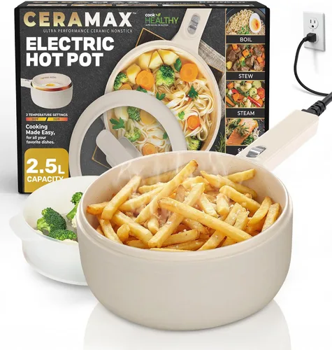 Vista 9 de Ceramax PRO Olla Eléctrica Caliente con Tapa y Vaporera, Sartén de Cocina de Cerámica No Tóxica de 1.5L para Ramen, Huevos, Pasta, Portátil