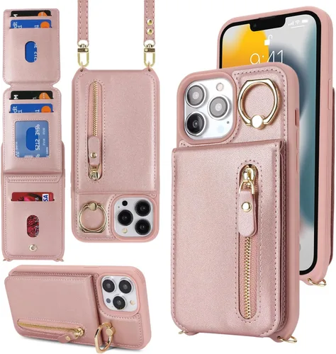 Vista 2 de Funda para iPhone 13 Pro Max, de piel sintética con tarjetero para mujer, 7 ranuras, función atril, absorbente de golpes, color oro rosa