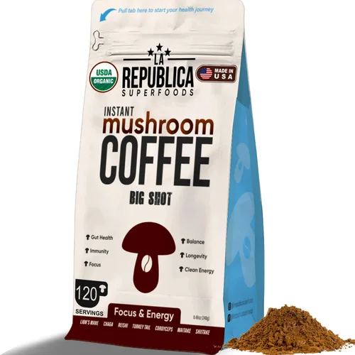 Vista 7 de La Republica - Café orgánico de hongos instantáneos, 100% café arábica con melena de león, reishi y 5 hongos más para concentración, inmunidad