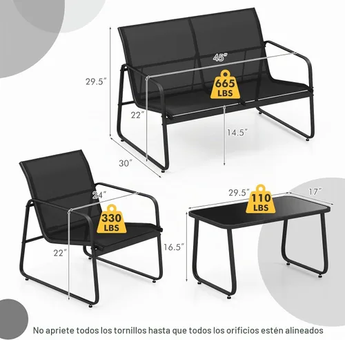 Vista 5 de Tangkula Juego de muebles de patio de 4 piezas, juego de conversación al aire libre con mesa de centro de vidrio templado, juego de muebles
