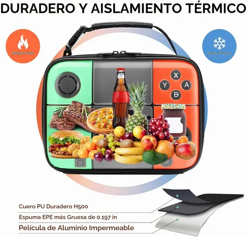 Vista 2 de Lonchera infantil para niños, bolsa de almuerzo aislada, de piel sintética, impermeable, con bolsillo de malla, duradera a prueba de fugas, se 1
