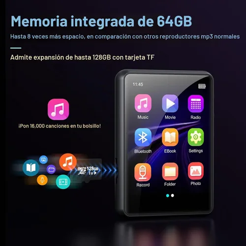 Vista 3 de Conrian - Reproductor Mp3 Bluetooth de 64 GB, pantalla táctil de 2,4 Negro