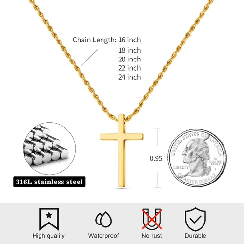 Vista 6 de LUXEJEW Collar de cruz para hombres y niños, cadena de cuerda de acero inoxidable plataoronegro, collar con colgante de cruz, joyería para hombre