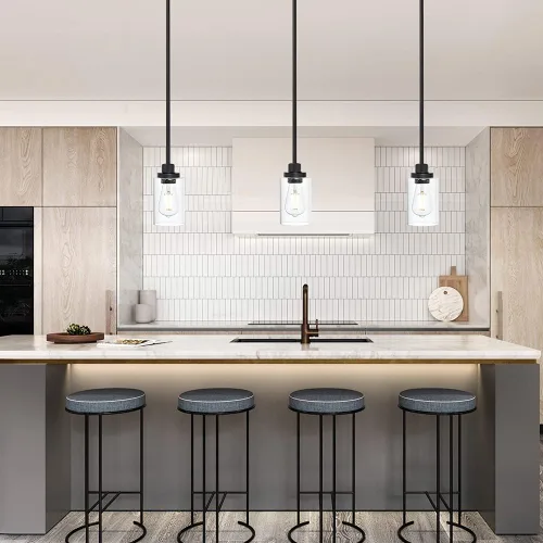 Vista 2 de TODOLUZ Lámparas colgantes industriales negras, iluminación colgante de cocina con pantalla cilíndrica de vidrio transparente para granja, comedor