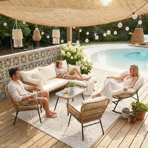 Vista 12 de BULEXYARD Juego de 3 piezas de muebles de patio al aire libre, estilo bohemio, en forma de L, sofá seccional de conversación de mimbre