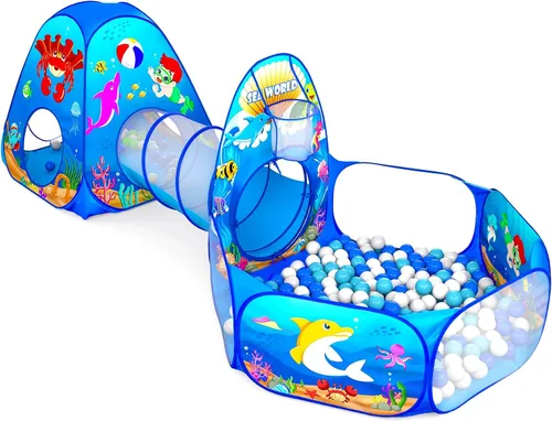 Vista 10 de GeerWest Tienda de campaña 3 en 1 para niños: con pozo de pelotas para bebés y túnel de juego, casa de juegos para interiores y exteriores con túnel