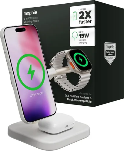 Vista 15 de Mophie Soporte de carga inalámbrico 2 en 1, certificado Qi2, cargador MagSafe para iPhone y Apple Watch, estación de carga rápida con soporte