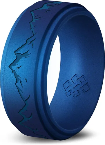 Vista 40 de Knot Theory Anillo de silicona para hombre, grabado de montaña, ondas, bosque, ancho de banda de 0.315 pulgadas, transpirable, ajuste cómodo