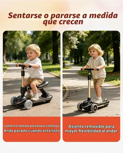Vista 3 de 2-in-1 Toddler Scooter with Seat, 3 Wheel Kids Scooter Ages 2-5 Sit-or-stand first scooter with removable seat, lean-to-steer, adjustable