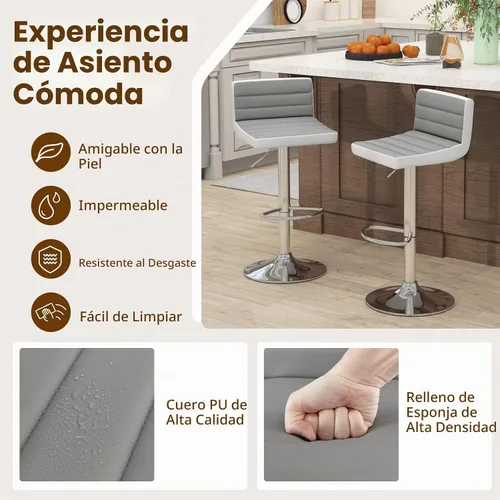 Vista 7 de COSTWAY Juego de 2 taburetes de bar ajustables, modernas sillas de bar giratorias de piel sintética con respaldo, reposapiés, taburetes de bar