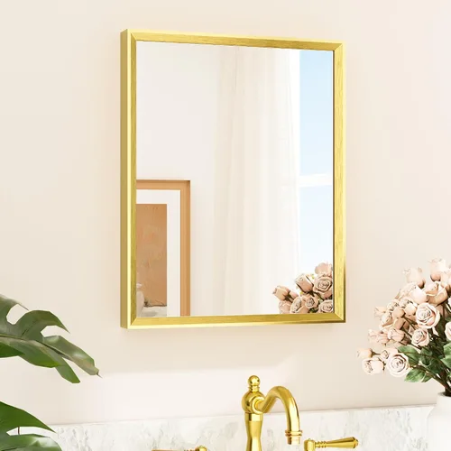 Vista 79 de TETOTE Espejo de baño dorado cepillado de 20" x 30", espejo de tocador de baño rectangular de latón dorado cepillado con marco biselado para sobre