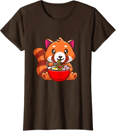 Vista 12 de Camiseta Kawaii Anime Red Panda Eating Ramen Noodles, Negro, S