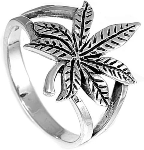 Vista 3 de Plata de ley Cannabis Sativa marihuana Anillo al por mayor de banda 17mm tamaños 413