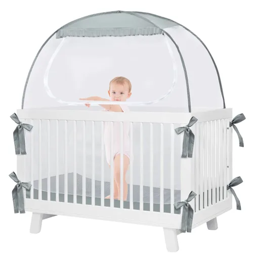 Vista 9 de L RUNNZER Tienda de campaña desplegable Pack N Play, red de bebé para mantener a los niños pequeños, mini toldo para cuna para empacar y jugar Beige