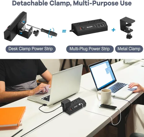 Vista 7 de Regleta de Energía con Abrazadera para Escritorio - Estación de Carga Rápida USB C de 20W - Regleta de Energía para Escritorio con Enchufe Plano