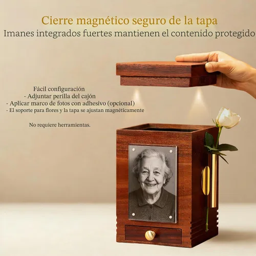 Vista 5 de Solid Wooden Urn for Adult Ashes 200 Cu in Cremation Urn with Magnetic Lid, Keepsake Drawer, Optional Photo Frame & Flower Holder Attachments