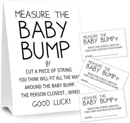 Vista 8 de Letrero de Baby Shower Games Measure the Baby Bump, How Big is Mommy's Belly Party Favors, cartel de pie Kraft de 5 x 7 pulgadas y 50 tarjetas