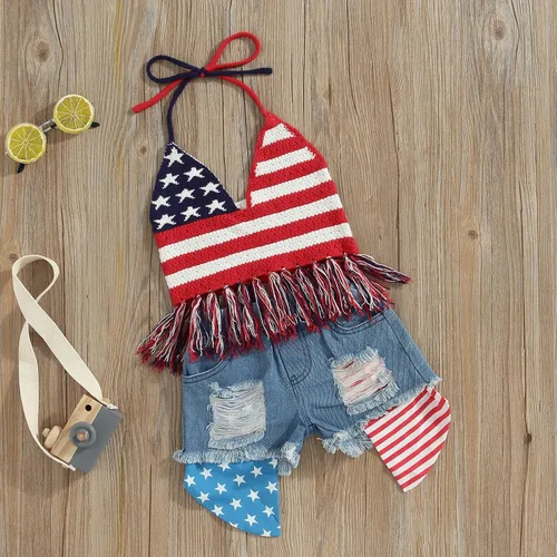 Vista 22 de Adobabirl Conjunto de ropa de verano para niña pequeña, sin mangas, acanalada, top halter y pantalones cortos, ropa de moda para niños con cinturón