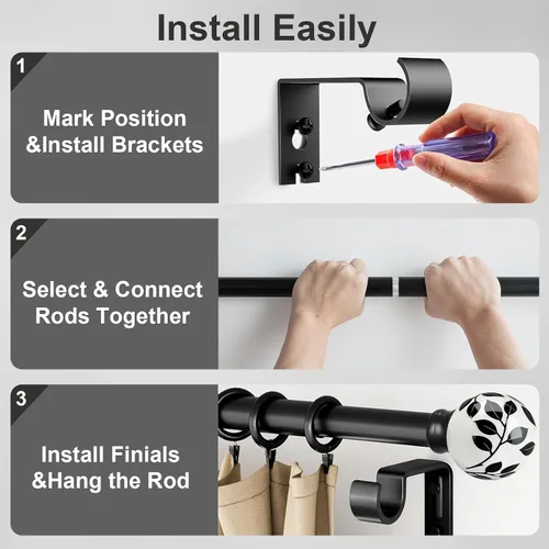 Vista 10 de Ceramic Black Curtain Rods for Windows 16 to 60 Inches Drapery Rods Adjustable Length Extendable Heavy Duty 1" Diameter iron Window Modern