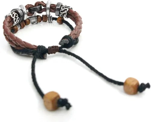 Vista 5 de Suyi brazalete ajustable con varias capas, de cuero tejido trenzado con cruz. Pulsera tipo esclava.