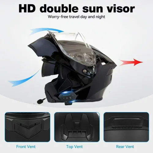 Vista 5 de Casco modular Bluetooth para motocicleta, aprobado por DOT, de cara completa con visor abatible, de doble visera, con altavoces duales y micrófono