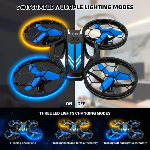 Vista 2 de Drones - Drone RC con auto flotante y modo sin cabeza, cuadricóptero con luz LED, hélice de protección completa, giros 3D, 3 baterías, control