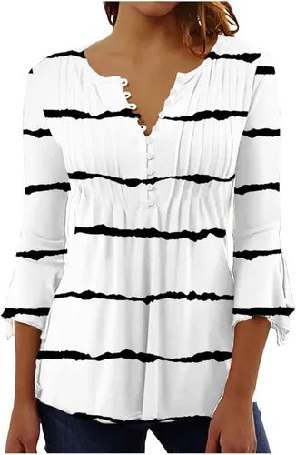 Vista 35 de Ceboyel Blusa tipo túnica con estampado floral para mujer, con botones, estilo Henley, con manga de codo, casual, trajes de moda para mujer