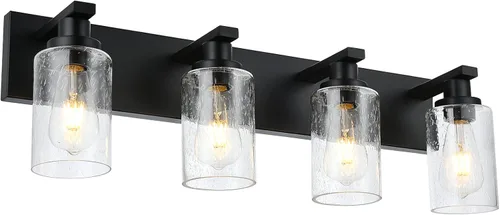 Vista 11 de Luces de tocador de baño de 3 luces sobre espejo en acabado negro, iluminación de pared de baño con vidrio cilíndrico sembrado