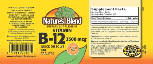 Vista 2 de Nature`s Blend Vitamina B-12 2500mcg Tabletas 100 ct