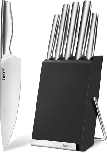 Vista 10 de hecef Juego de cuchillos de cocina plateado de 3 piezas, hoja con acabado satinado con mango hueco, incluye cuchillo de chef de 20 cm, cuchillo