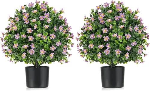 Vista 13 de Goplus Árbol de bola de cedro artificial de 21.5 pulgadas, juego de 2 plantas artificiales en maceta, arbustos artificiales con maceta de cemento