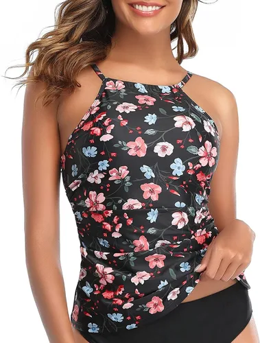 Vista 4 de Tempt Me Top tankini para mujer, con cuello alto, control de abdomen, parte superior fruncida, sin parte inferior