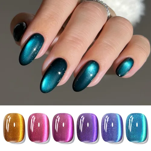 Vista 22 de Born Pretty Esmalte de uñas de gel magnético de ojos de gato verde, 6 colores brillantes con purpurina de cristal holográfico, salvia, oliva