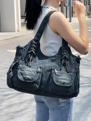 Vista 6 de Casual lavado Denim Hombro Bolsos Top Handle Señora Hobo Bolsas Mujeres Monederos y bolsos