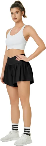 Vista 2 de Pantalones cortos deportivos para mujer, cintura alta, cruzado, 2 en 1, con bolsillo lateral, para entrenamiento, con diseño de mariposa