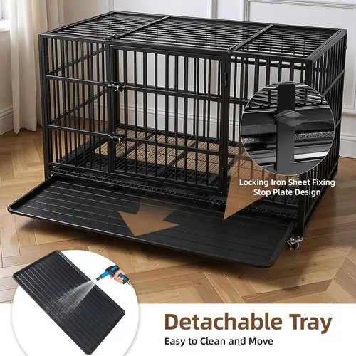 Vista 4 de VOWNER Jaula de perro indestructible resistente de 48 pulgadas, jaula para perros a prueba de escapes con 4 ruedas con cerradura, jaula para perros