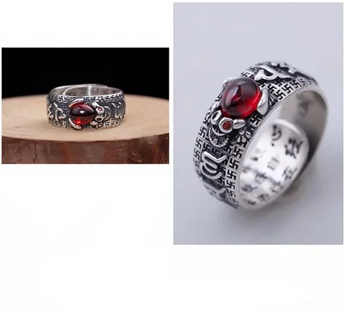 Vista 6 de JUNTEN Feng Shui PIXIUToad MANI Mantra Ring 990 Sterling Silver Ring Amulet Lucky Wealth Open Adjustable Rings Buddhist Jewelry