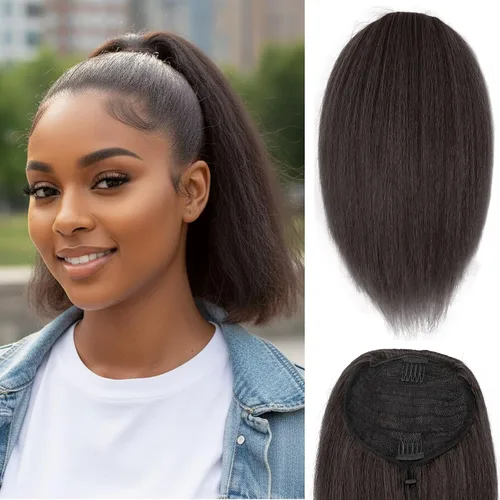 Vista 10 de Cola de caballo recta Yaki de 12 pulgadas con cordón para mujeres negras, sintética, gruesa, recta, longitud del hombro, extensión de cola