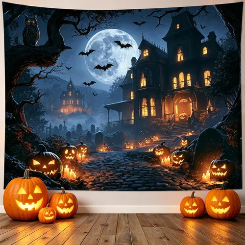 Vista 18 de LB Tapiz espeluznante de cementerio de Halloween, lápida aterradora con árboles muertos, tapiz de bosque para colgar en la pared, tapiz de fondo