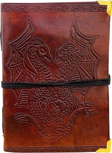 Vista 7 de AzureGreen Libro de páginas en blanco de doble dragón, hecho a mano, de cuero, sin forro, diario de 5 x 7 pulgadas (esquina dorada marrón)