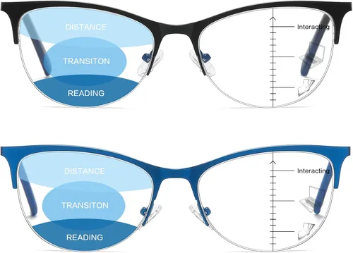 Vista 2 de Gafas de lectura multifocales para mujer, progresivas multifocales, luz azul, lector de computadora, ojo de gato, metal, medio marco, sin línea