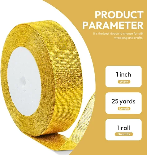 Vista 2 de Cinta de purpurina dorada de 1 pulgada x 25 yardas, cinta de tela metálica brillante para manualidades, envoltura de regalos, bodas, decoración