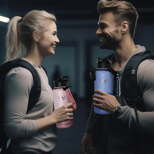 Vista 8 de NATURE PIONEOR Botellas de agua aisladas con mango de paracord - Botella de agua deportiva al vacío de boca ancha de 32 onzas con 3 tapas, acero