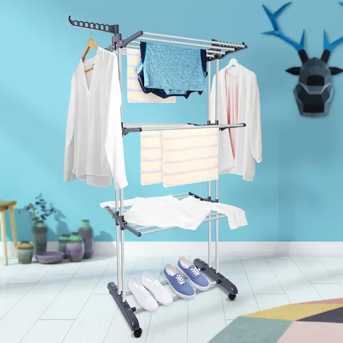 Vista 5 de Perchero de secado de ropa, grande plegable de 3 niveles para secadora de ropa, estante de almacenamiento para ropa con dos alas laterales y ruedas
