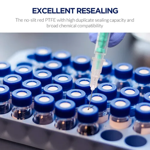 Vista 6 de Viales de muestreo automático de 0.1 fl oz, viales de muestra HPLC/GC, con área de escritura y graduaciones, tapón de rosca 9-425, PTFE azul