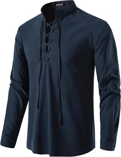 Vista 21 de JEMITOP Men's Pure Cotton Renaissance Lace Up Shirt Verde militar