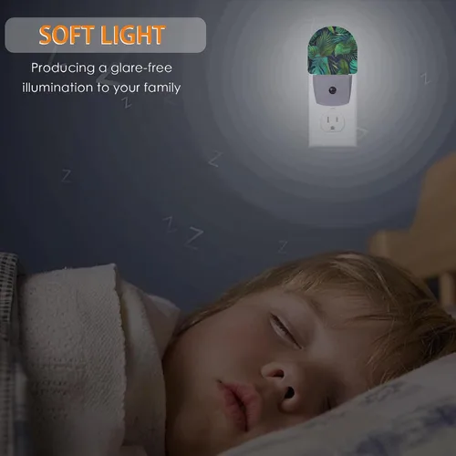 Vista 5 de Luz nocturna de palmera verde, luces nocturnas enchufables a la pared con sensor de atardecer a amanecer, lámpara para dormitorio, baño, pasillo