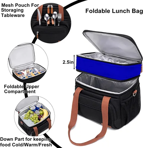 Vista 4 de Weitars Lonchera para mujeres y hombres, lonchera grande con doble compartimento para hombres, lonchera para adultos, para enfermeras, oficina, Caqui